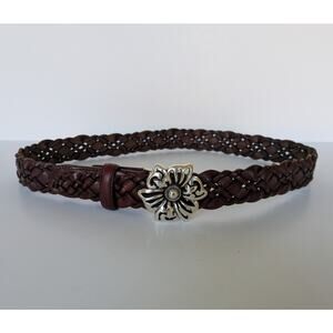 Brighton Dark Brown Braided Leather Belt Women's 32 Silver Flower Buckle S/M